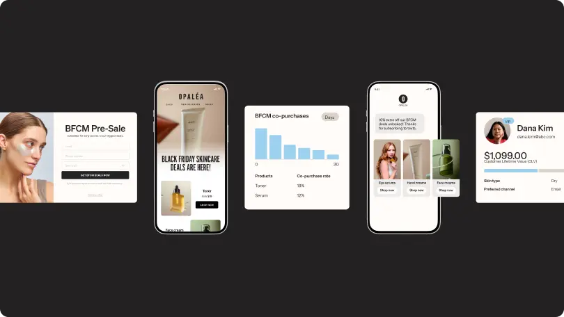 Five mobile screens display BFCM-related content: a pre-sale sign-up, skincare deals, co-purchase graph, product ads, and a customer profile.
