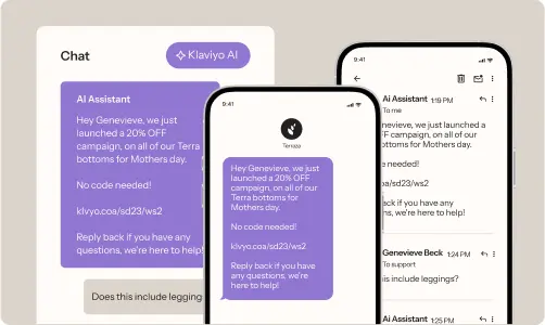 Chat interface showing a conversation with an AI assistant about a 20% off promotion on Terra bottoms for Mother's Day.