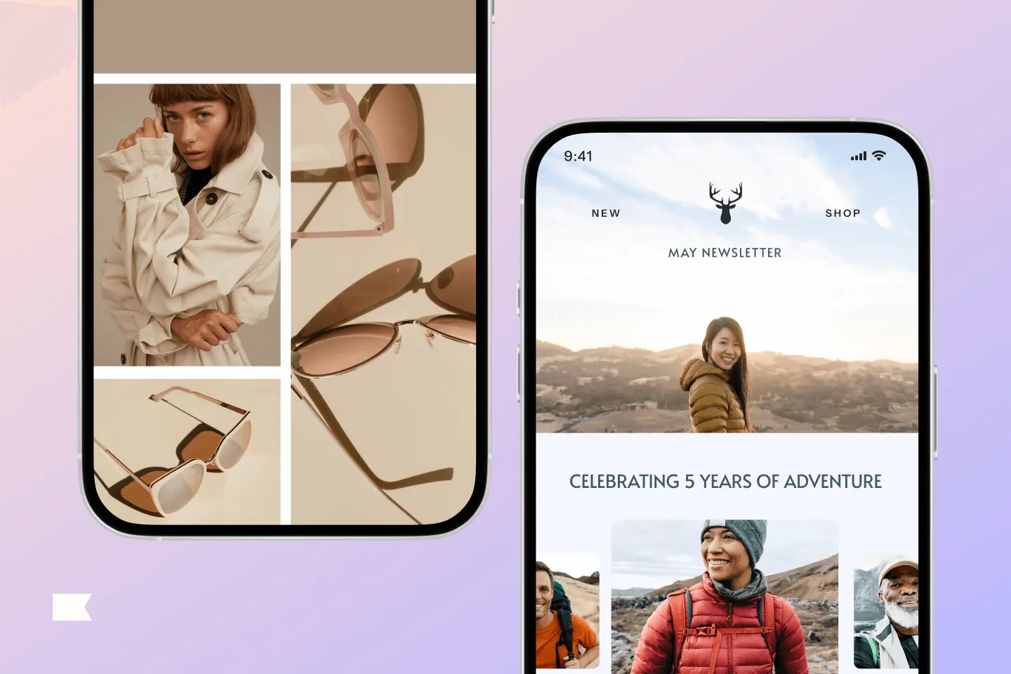 Two smartphones display fashion and adventure-themed content. One shows a collage of sunglasses and a model in a trench coat. The other features a newsletter with outdoor images and text celebrating five years of adventure.
