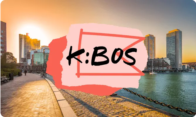 Sunset view of Boston waterfront with "K:BOS" text overlay on a pink and red background.