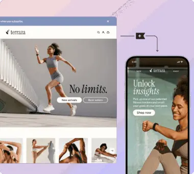 Webpage and mobile app for "terraza" featuring fitness images and text: "No limits" and "Unlock insights.