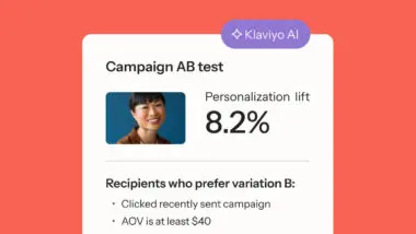 Klaviyo AI Campaign AB test showing an 8.2% personalization lift. Includes a smiling person and criteria for variation B preference.