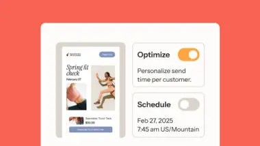 Email campaign interface for "Spring fit check" by Terraza, featuring a flash sale. Options to optimize send times and schedule for Feb 27, 2025.